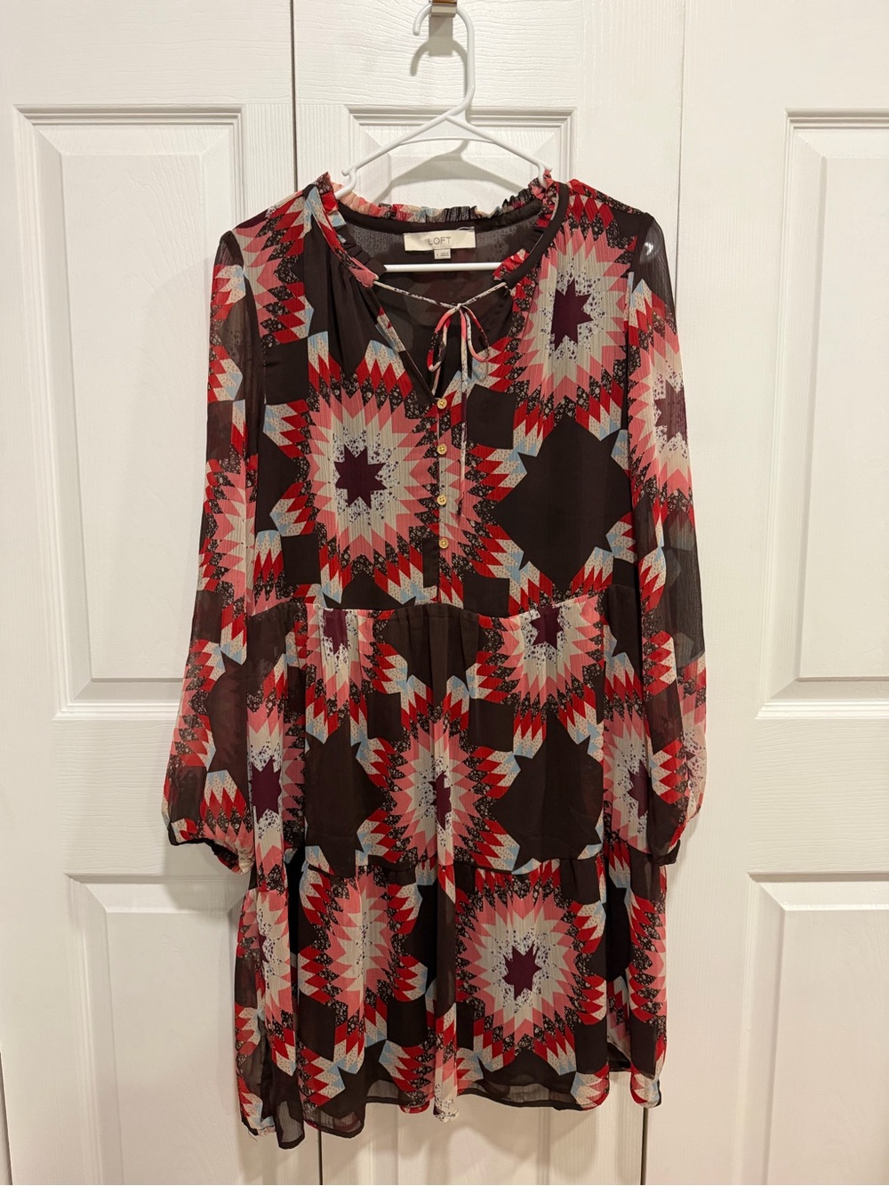 LOFT Brown and Red Geometric Tiered Long-Sleeve Dress